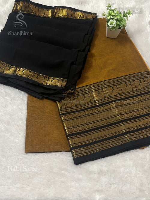 Chettinad Cotton Half Saree Plain Peacock Motif Chakra Peacock Motif Mustard Black