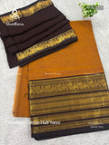 Chettinad Cotton Half Saree Plain Peacock Motif Chakra Peacock Motif Dark Mustard Brown