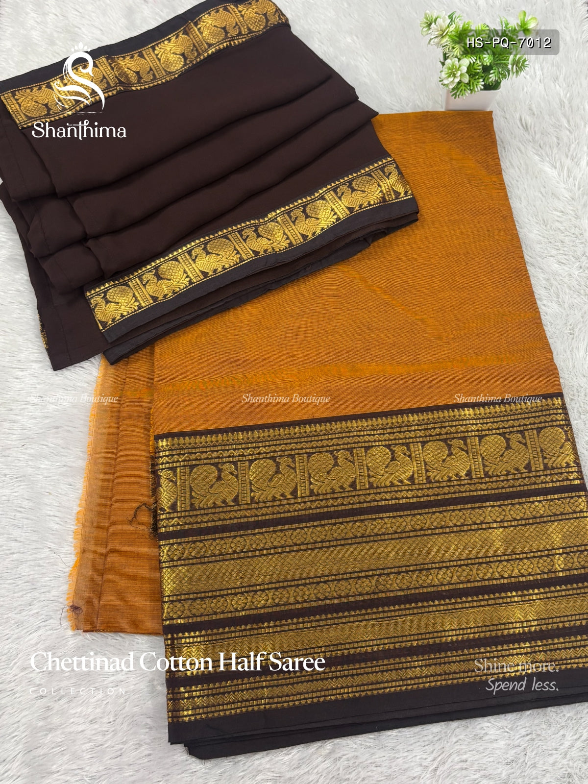 Chettinad Cotton Half Saree Plain Peacock Motif Chakra Peacock Motif Dark Mustard Brown