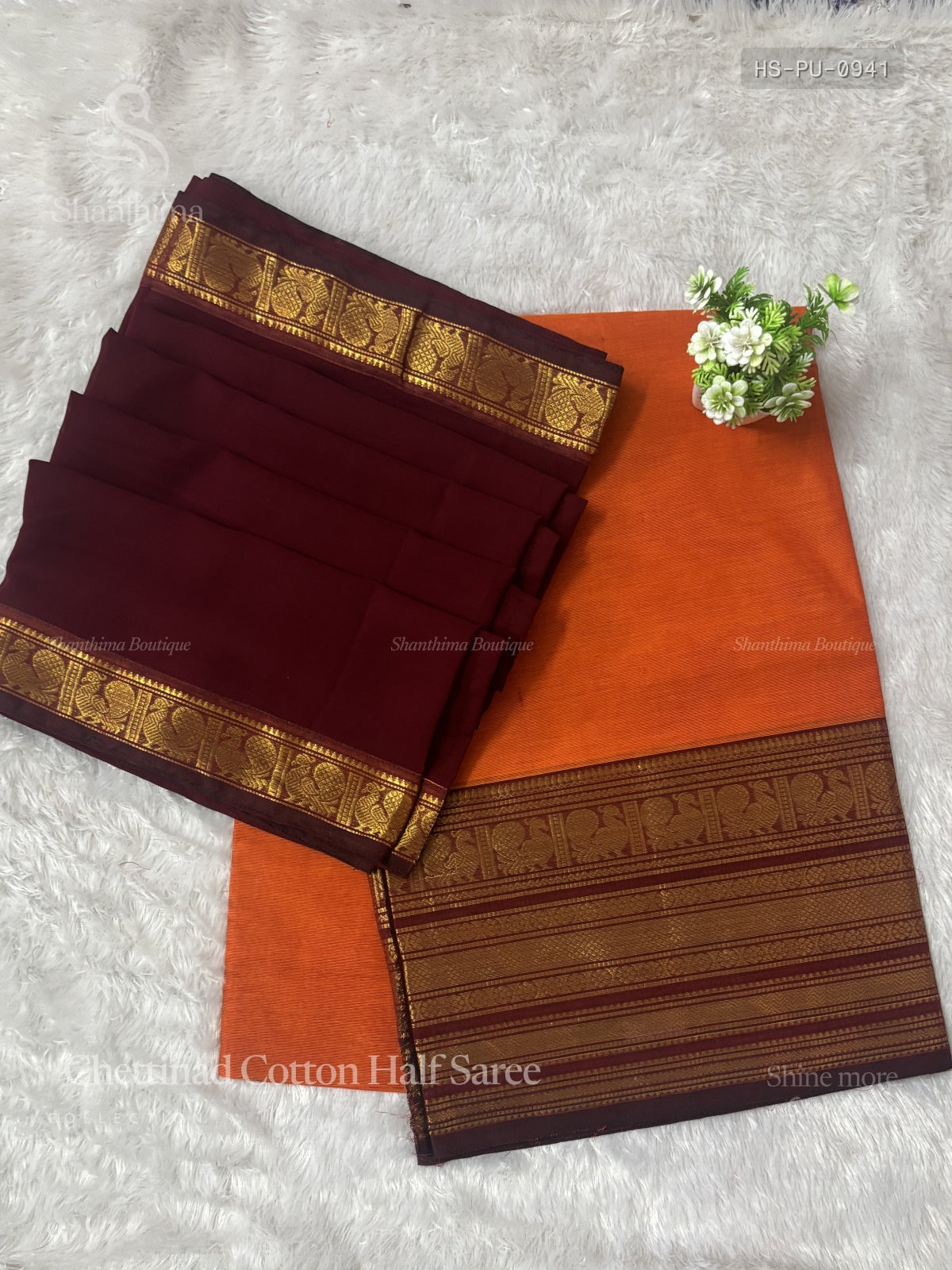 Chettinad Cotton Half Saree Plain Peacock Stripes Orange Maroon