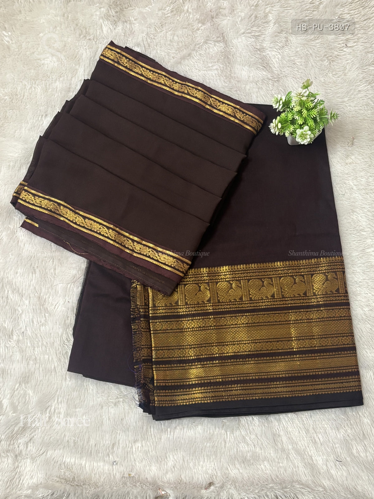 Chettinad Cotton Half Saree Plain Peacock Stripes Coffee Brown Gold