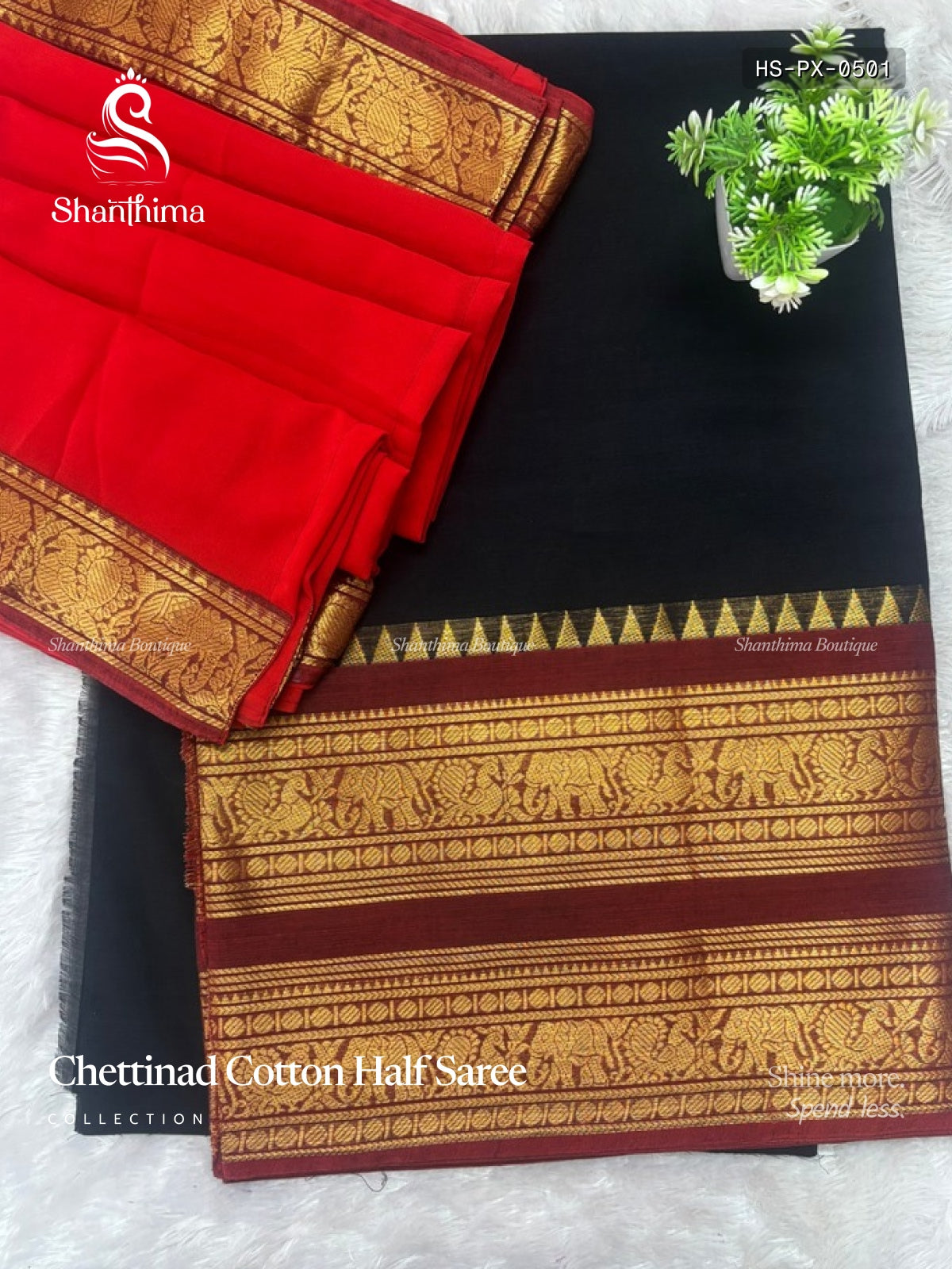 Chettinad Cotton Half Saree Plain Peacock Elephant Chakra Black Red