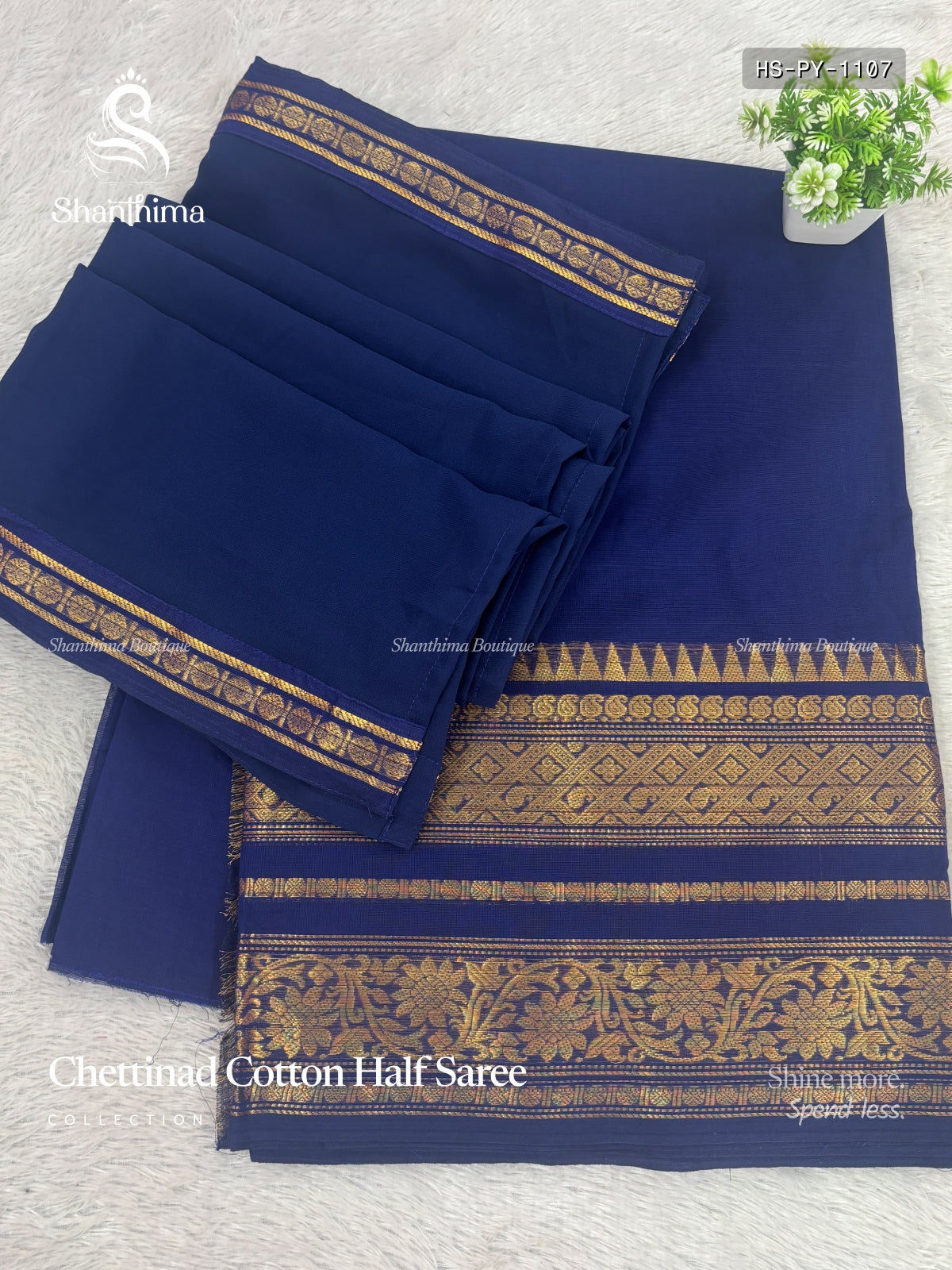 Chettinad Cotton Half Saree Plain Mango Flower Motif Blue Gold