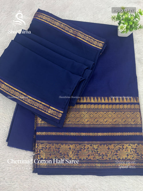 Chettinad Cotton Half Saree Plain Mango Flower Motif Blue Gold