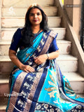 Uppada Silk Horizontal Stripes Peacock Flower Sky Blue Navy Blue