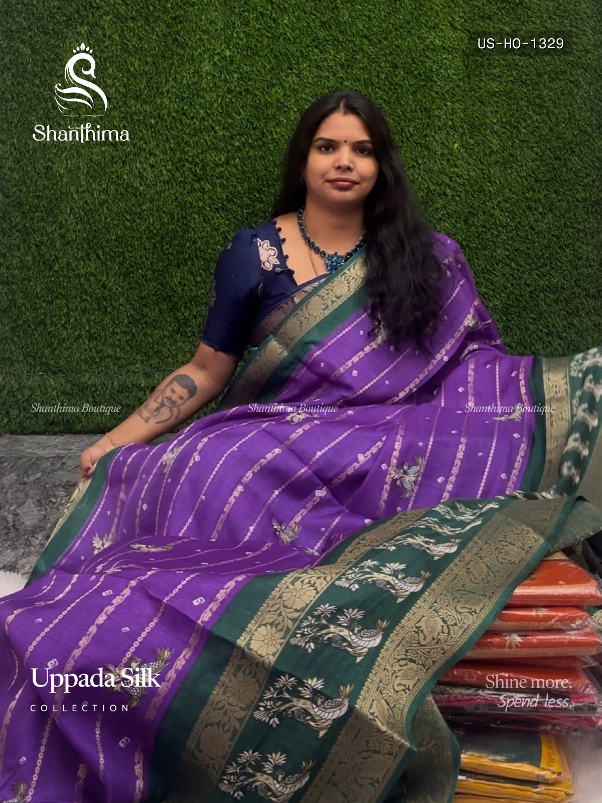 Uppada Silk Horizontal Stripes Peacock Flower Violet Dark Green