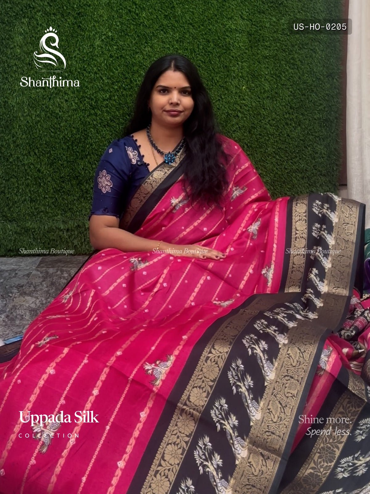 Uppada Silk Horizontal Stripes Peacock Flower Pink Black