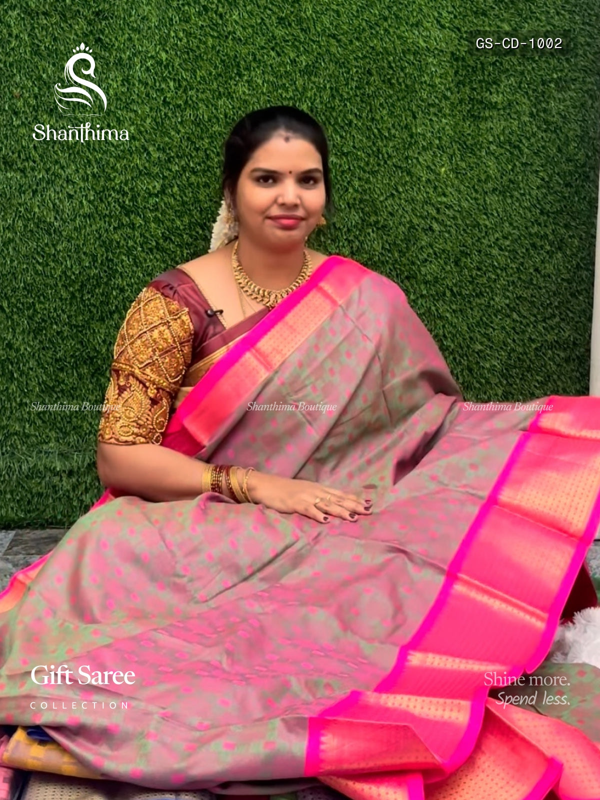 Gift Saree Checks Diamond Stone Peacock Green Pink