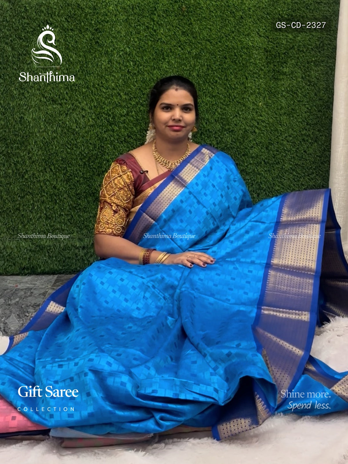 Gift Saree Checks Diamond Stone Peacock Sky Blue Ink Blue