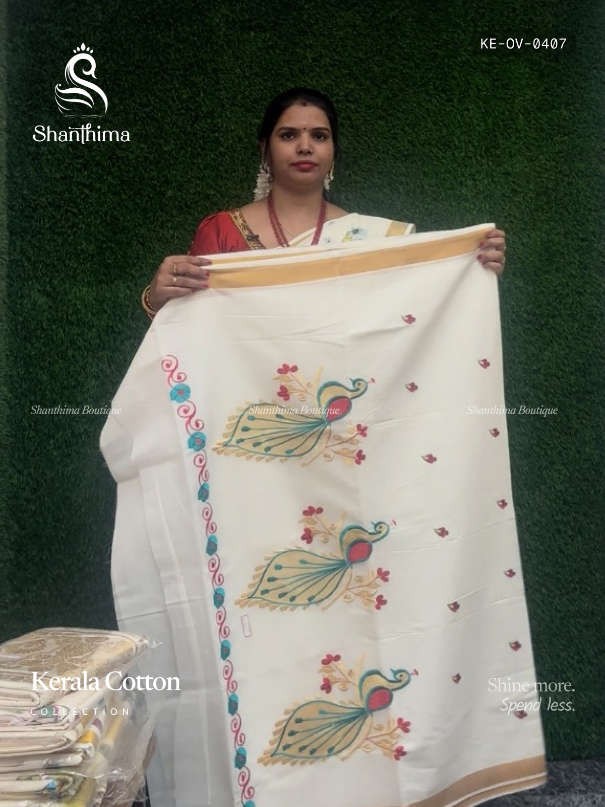 Kerala Cotton Peacock Plain Border White Gold