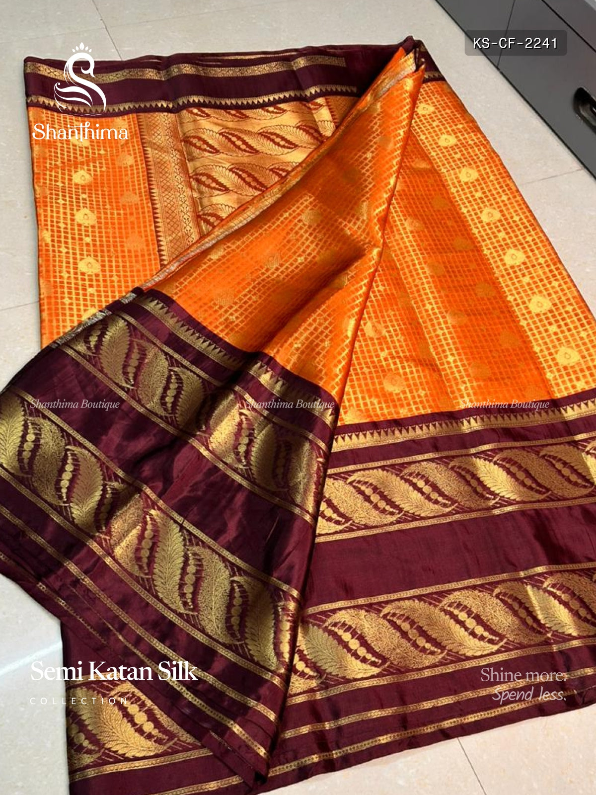Semi Katan Silk Checks Flower Rust Maroon