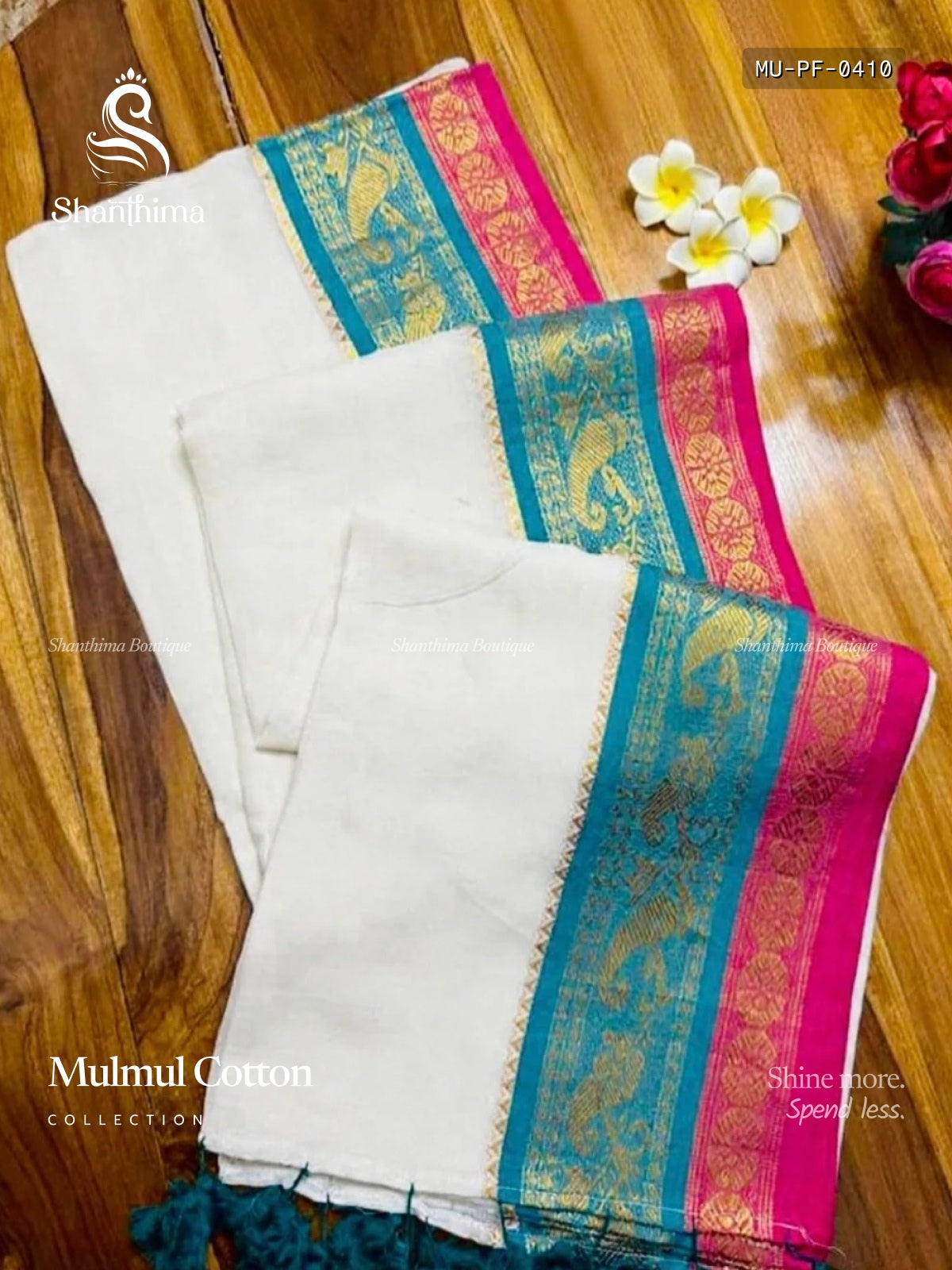 Mulmul Cotton Plain Flower  White Green