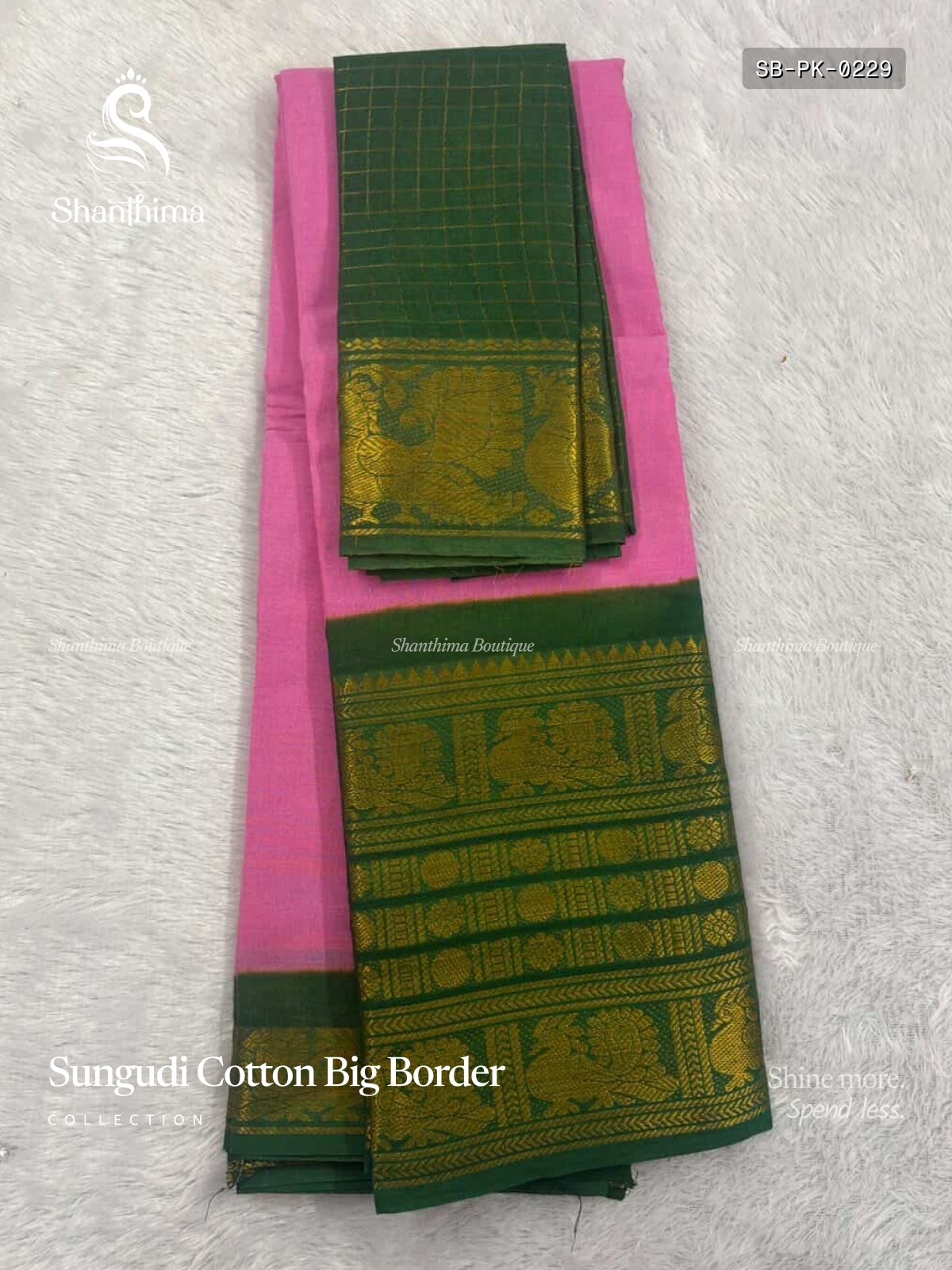 Sungudi Cotton Big Border Plain Peacock Chakra Pink Dark Green