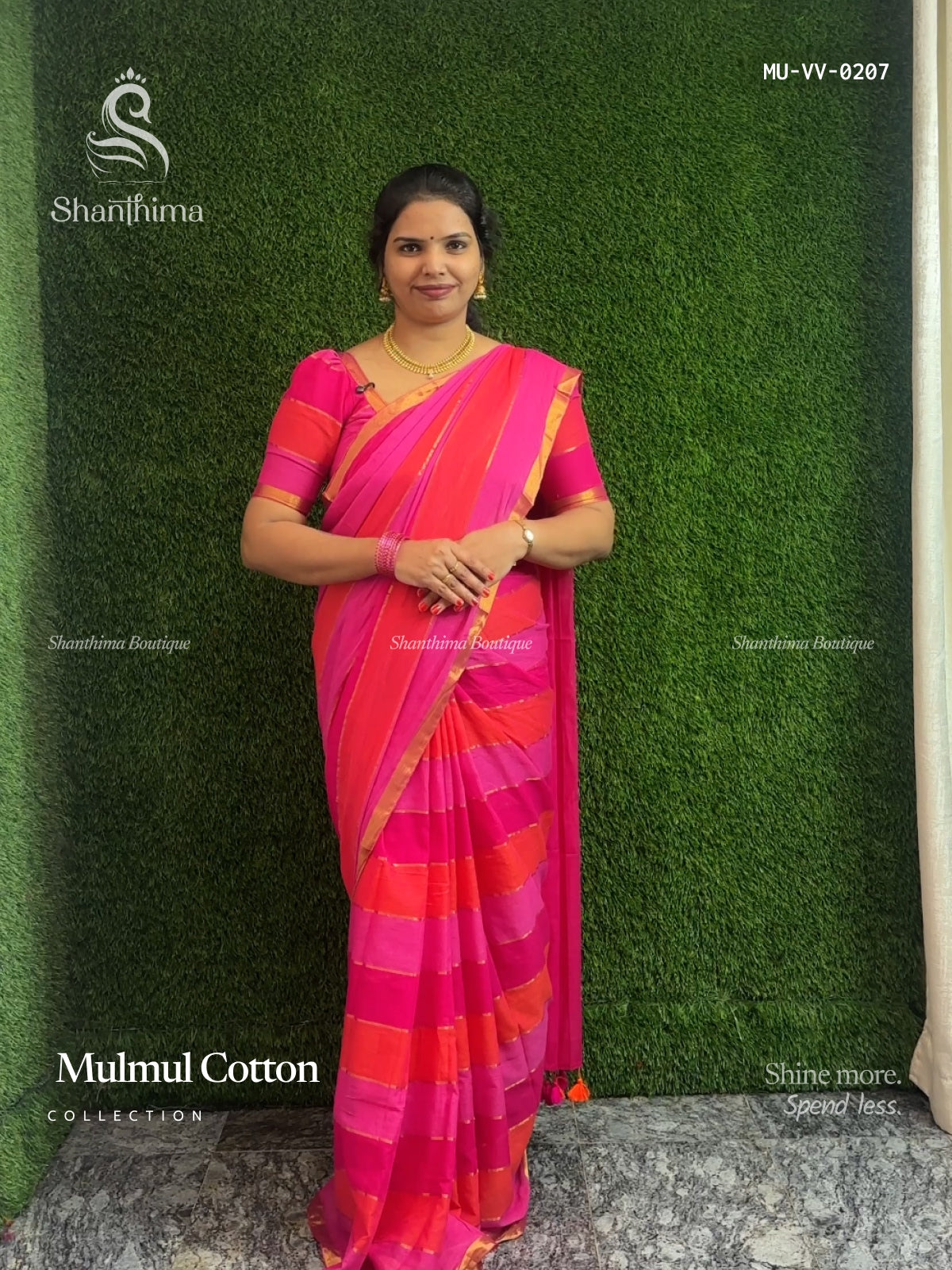 Mulmul Cotton Vertical Stripes Plain Border Pink Gold