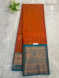 Kanchi Silk Vertical Stripes Peacock Elephant Rust Rama Blue