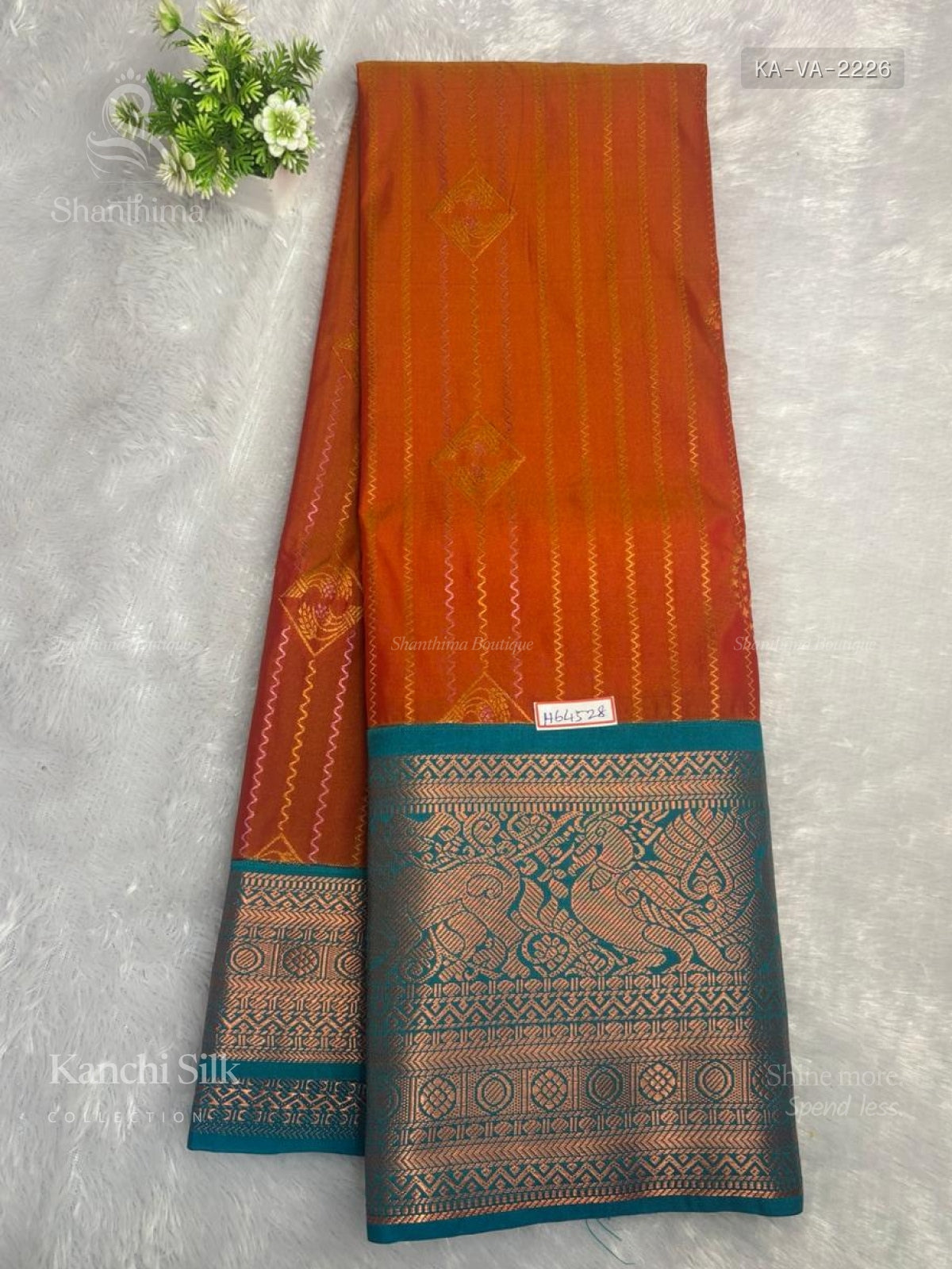 Kanchi Silk Vertical Stripes Peacock Elephant Rust Rama Blue