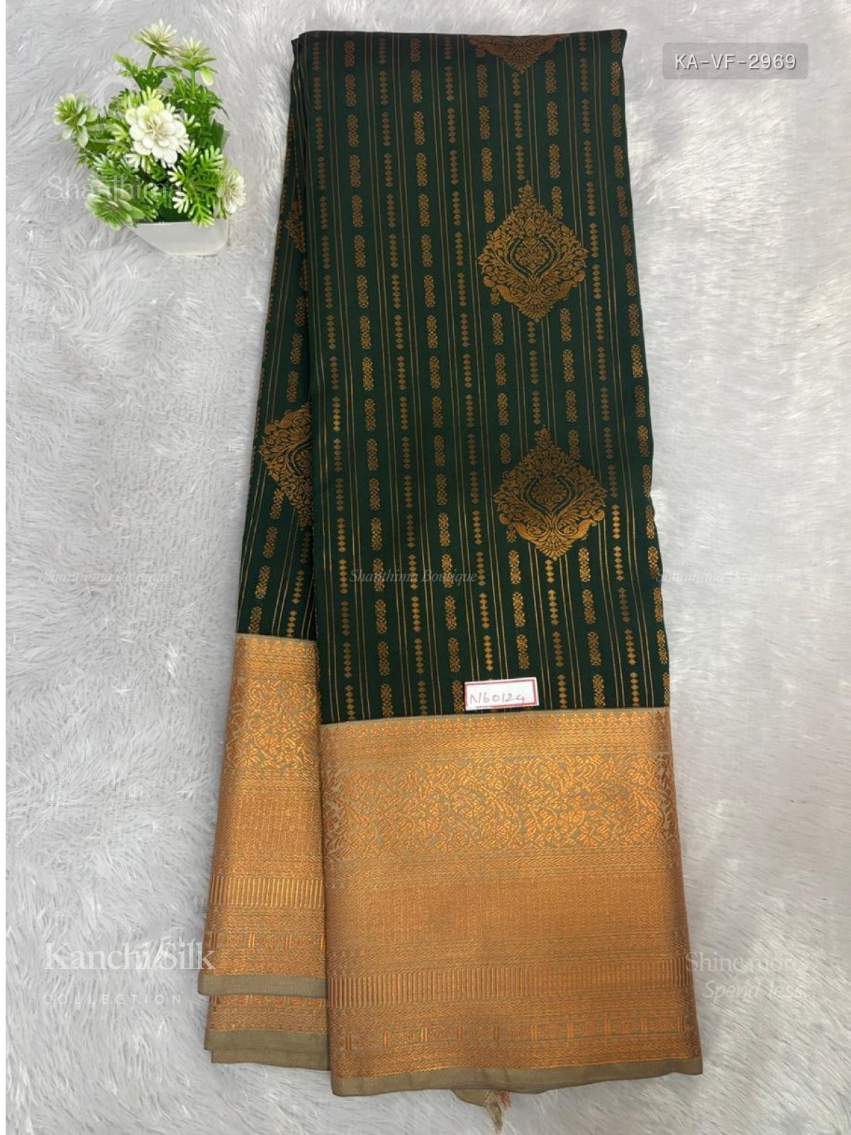 Kanchi Silk Vertical Stripes Flower Dark Green Copper Color