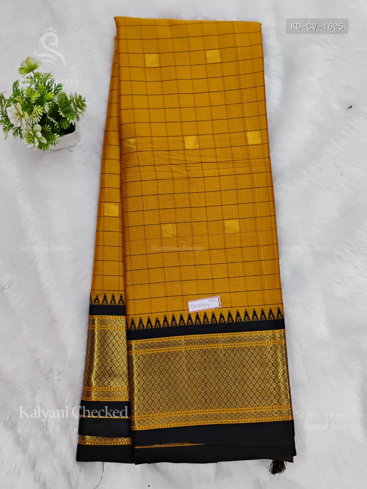 Kalyani Checked Checks Plain Border Mustard Black
