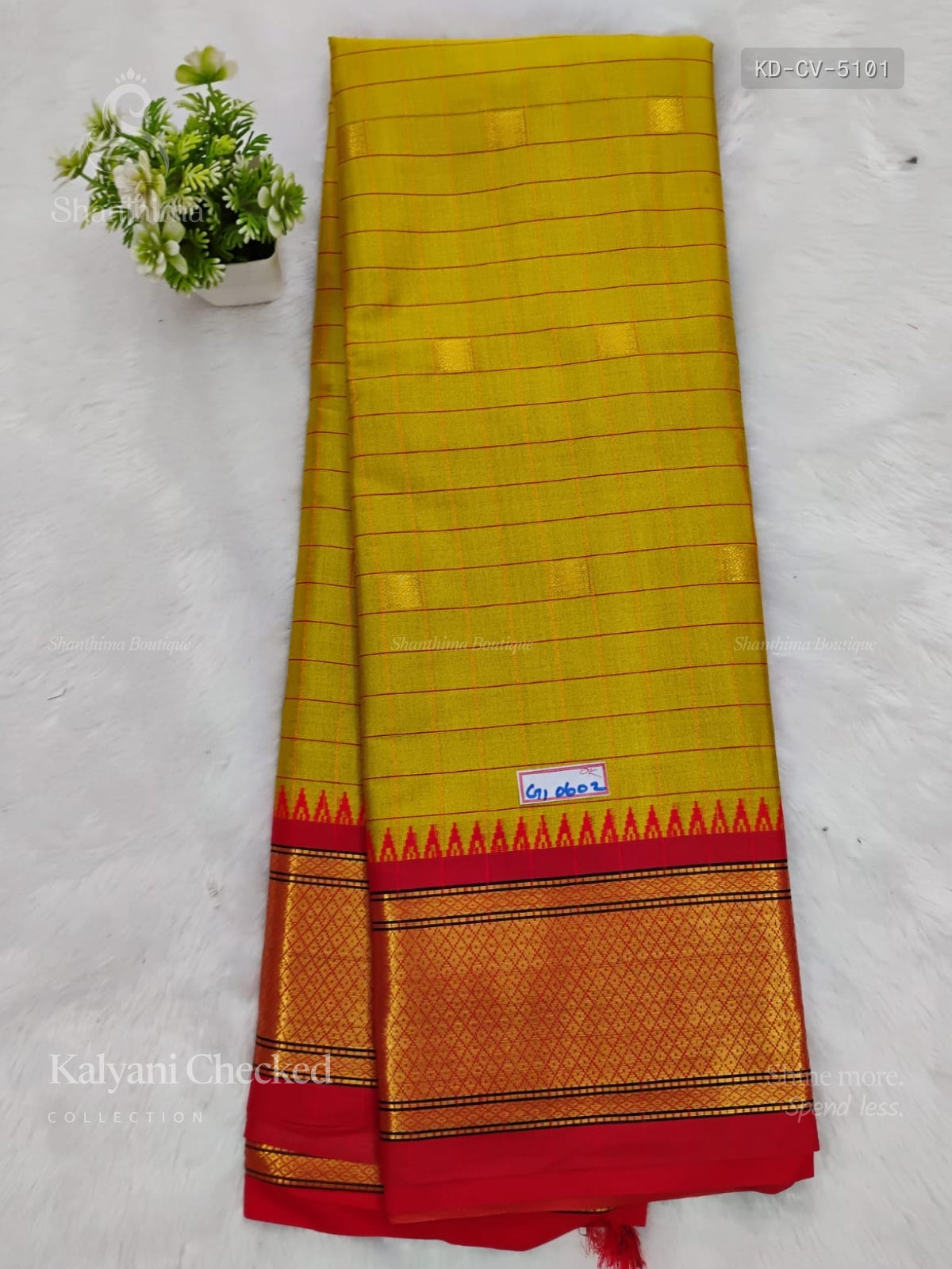 Kalyani Checked Checks Plain Border Dual Shade Yellow Red