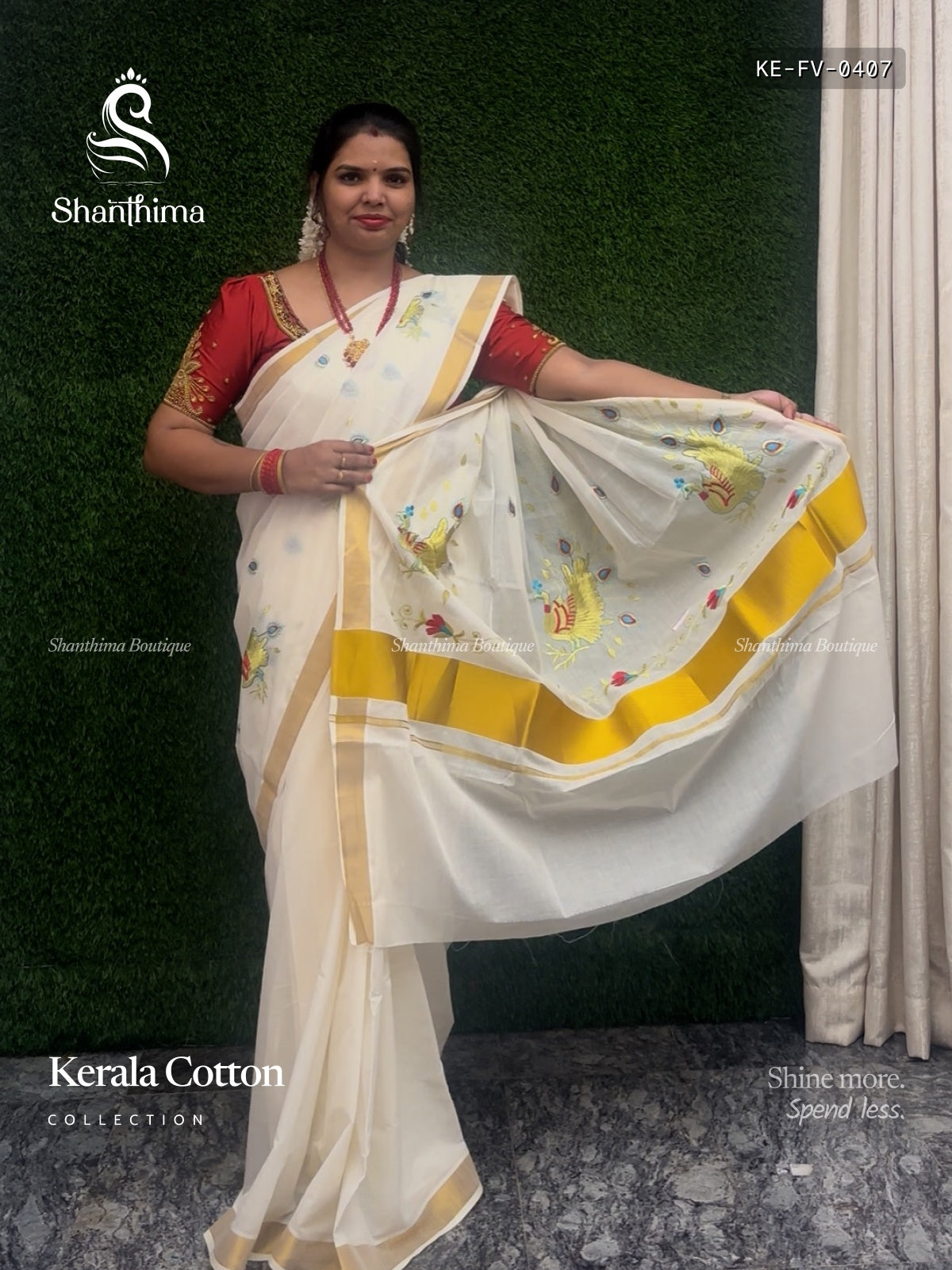 Kerala Cotton Flowers Plain Border White Gold