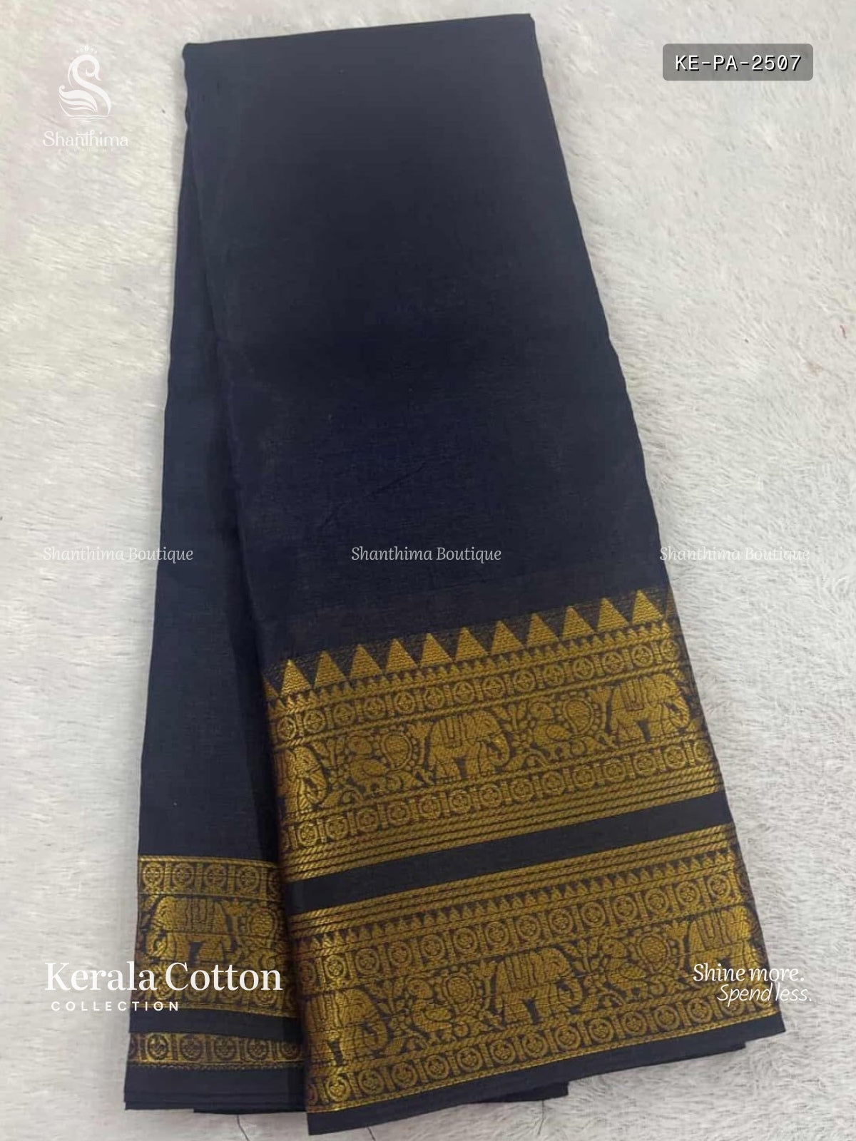 Kerala Cotton Plain Peacock Elephant Navy Blue Gold