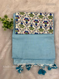 Khadi Cotton Plain Plain Border Sky Blue White