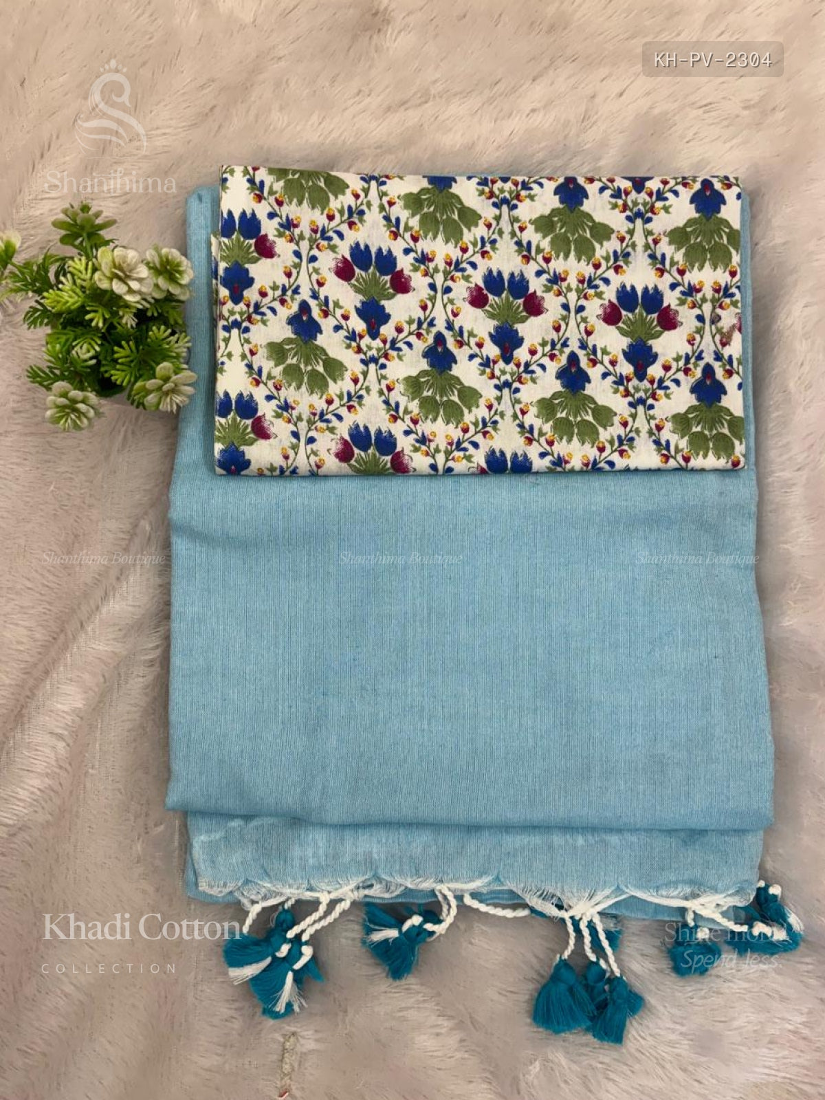 Khadi Cotton Plain Plain Border Sky Blue White