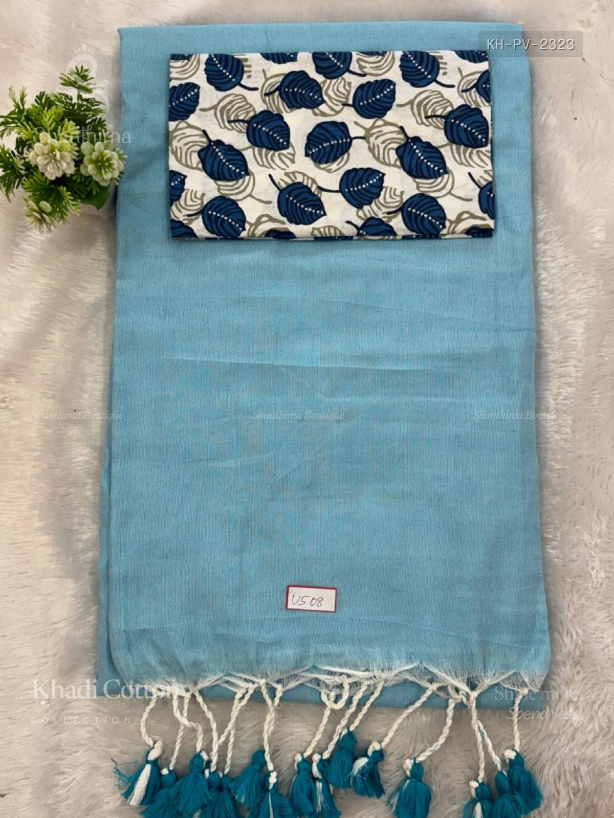 Khadi Cotton Plain Plain Border Sky Blue Sky Blue
