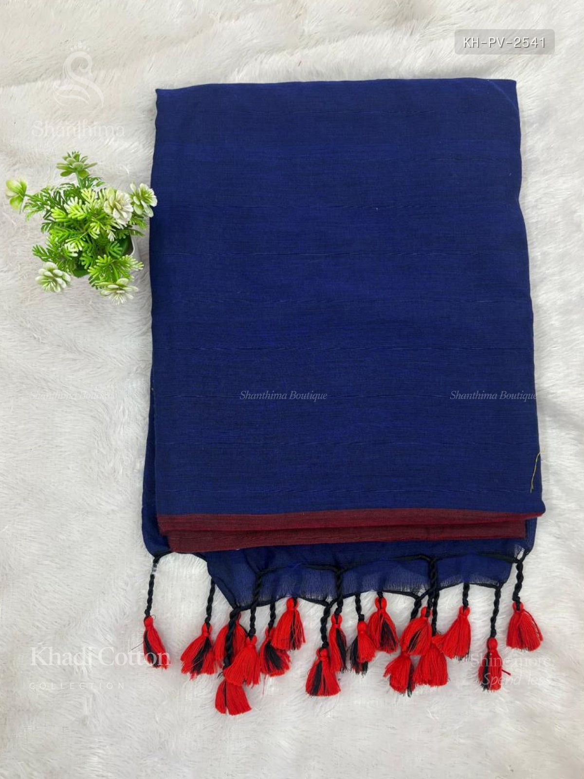 Khadi Cotton plain Plain Border Navy Blue Maroon