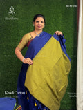 Khadi Cotton Plain Plain Border Ink Blue Paasi Green