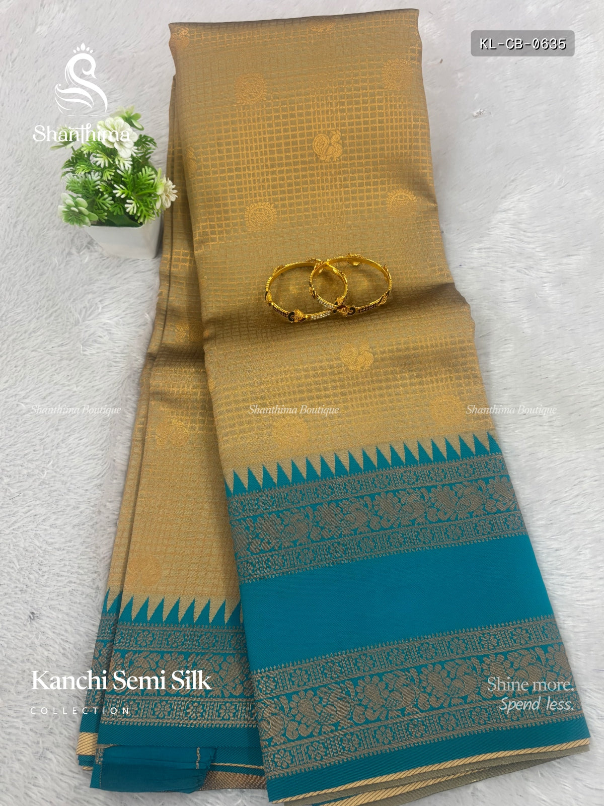 Kanchi Semi Silk Checks Peacock Big Border Sandal Peacock Green
