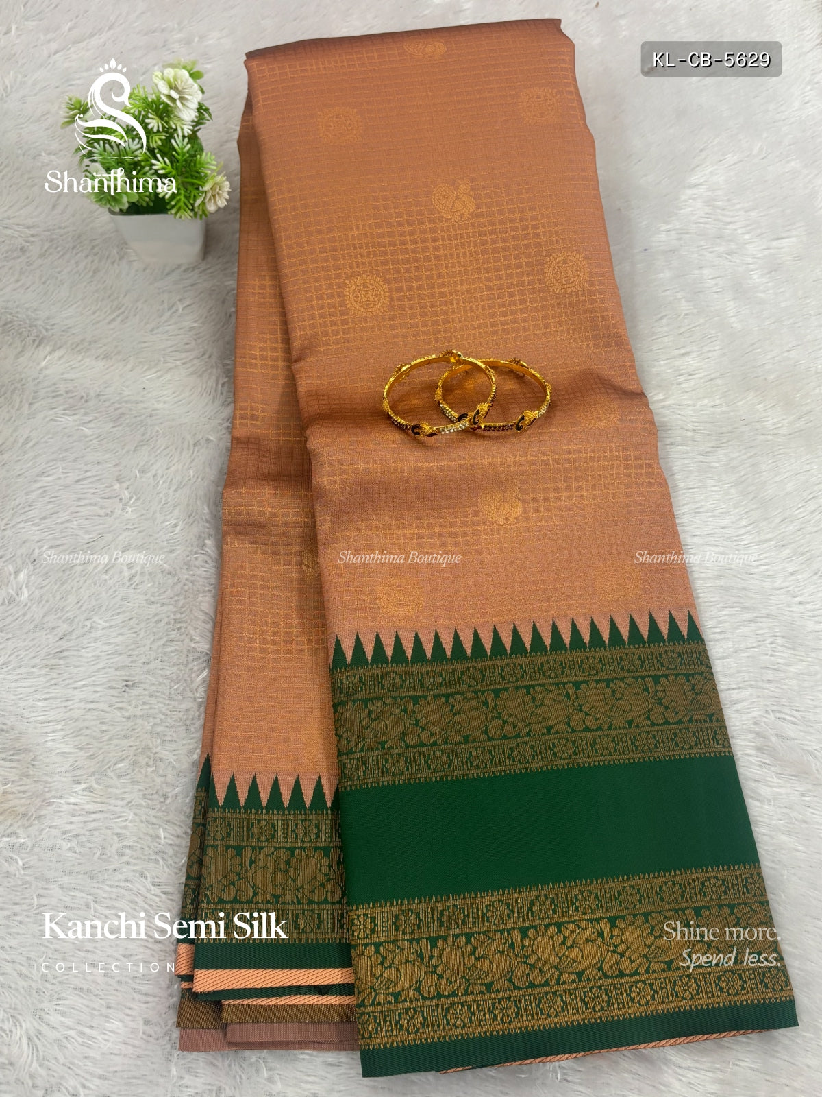Kanchi Semi Silk Checks Peacock Big Border Peach Dark Green