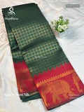 Kanchi Semi Silk Checks Elephant Dark Green Maroon