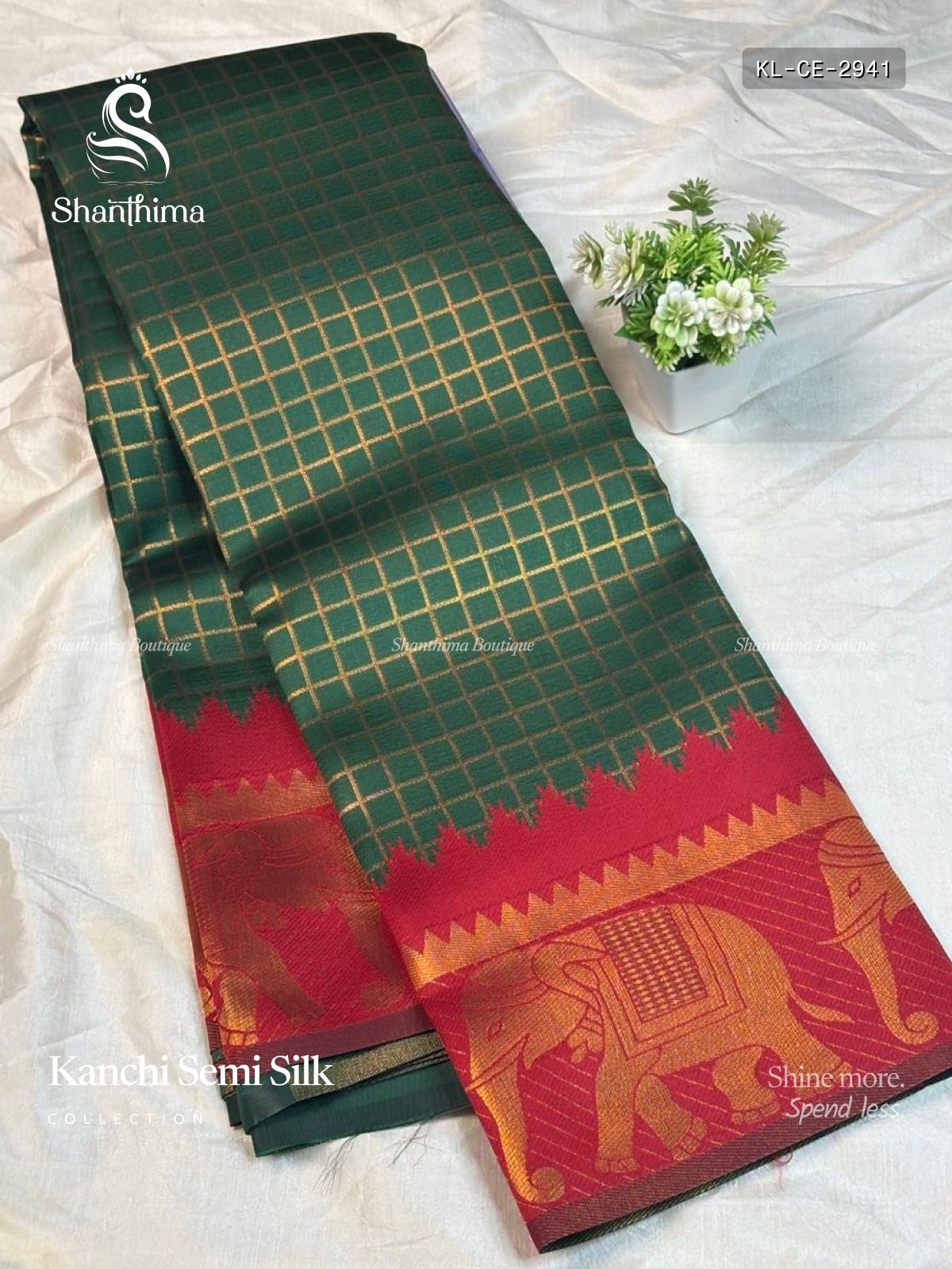 Kanchi Semi Silk Checks Elephant Dark Green Maroon