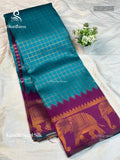 Kanchi Semi Silk Checks Elephant Peacock Green Magenta