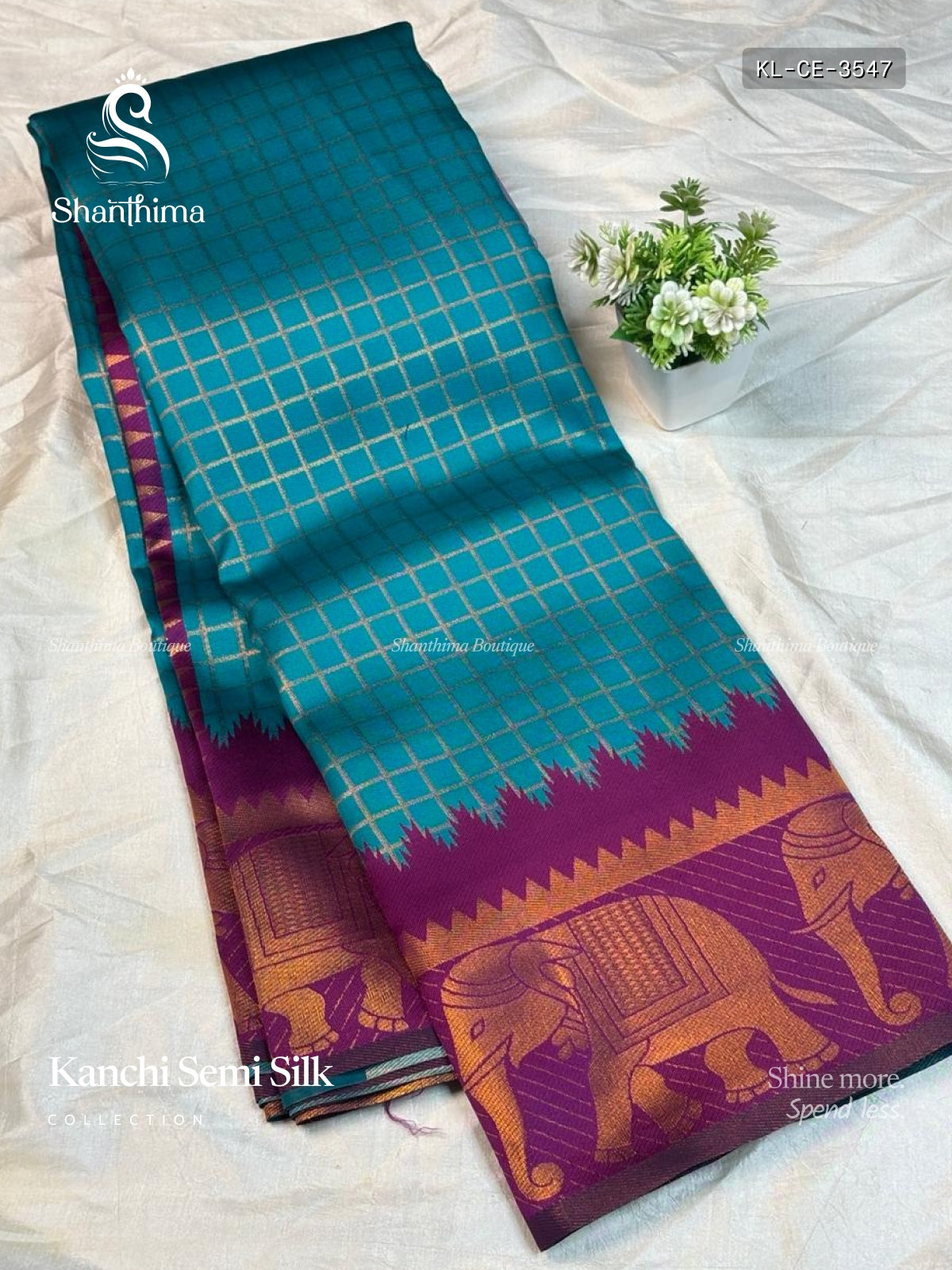 Kanchi Semi Silk Checks Elephant Peacock Green Magenta