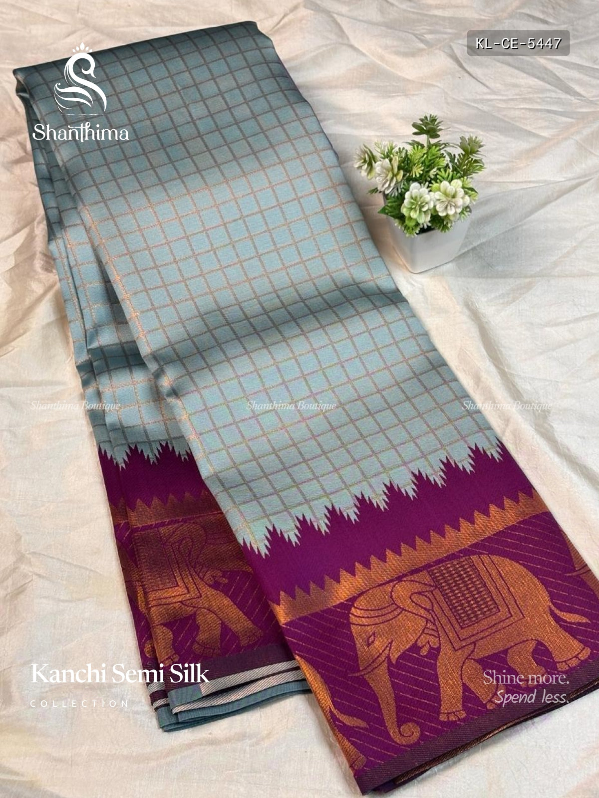 Kanchi Semi Silk Checks Elephant Teal Green Magenta