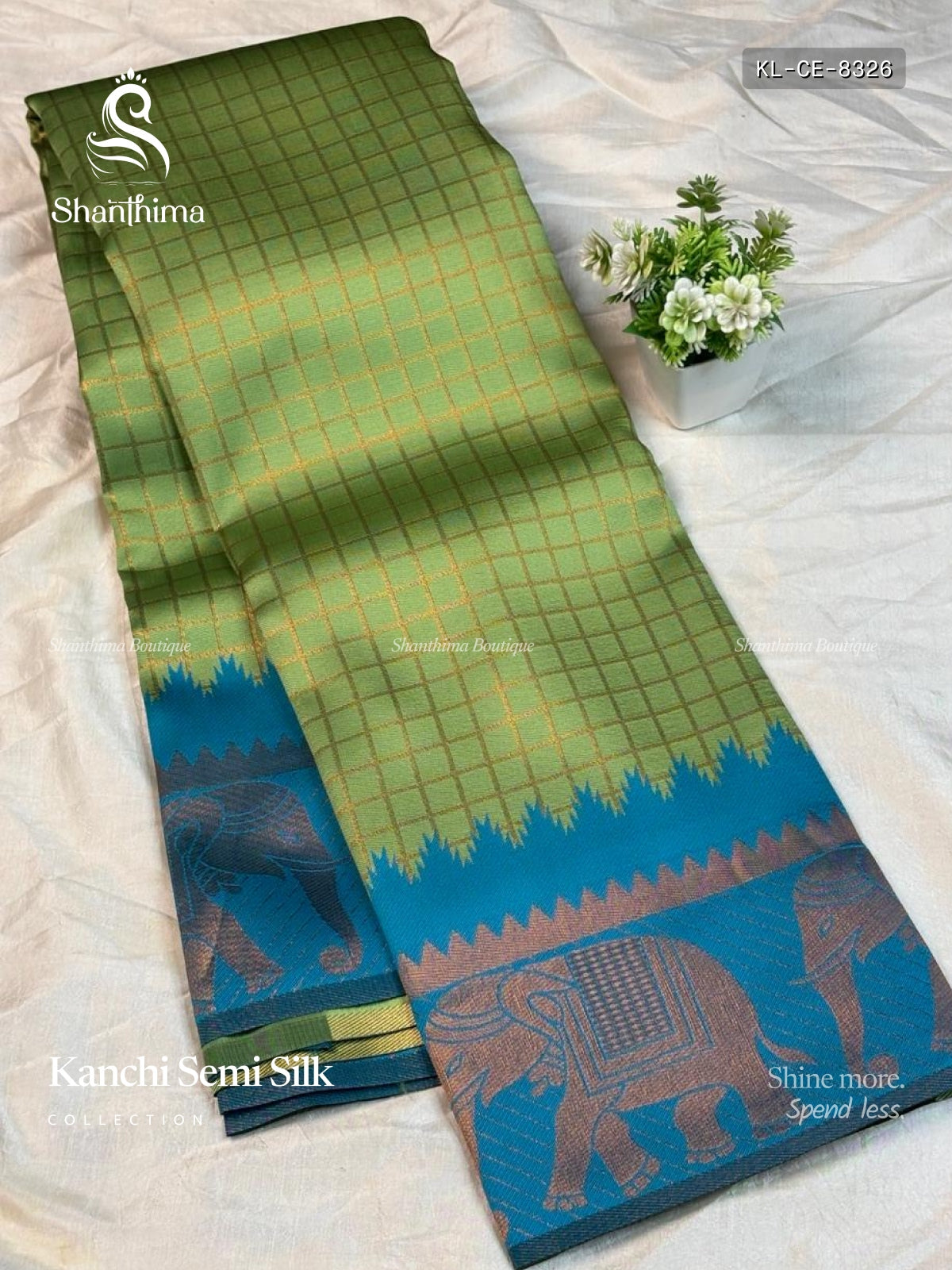Kanchi Semi Silk Checks Elephant Pastel Green Rama Blue