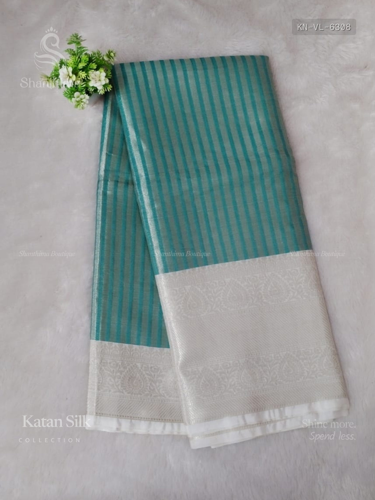 Katan Silk Vertical Stripes Mango Flower Sea Green Silver