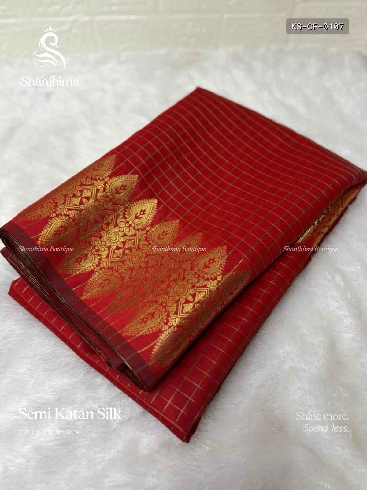 Semi Katan Silk Checks Flower  Red Gold