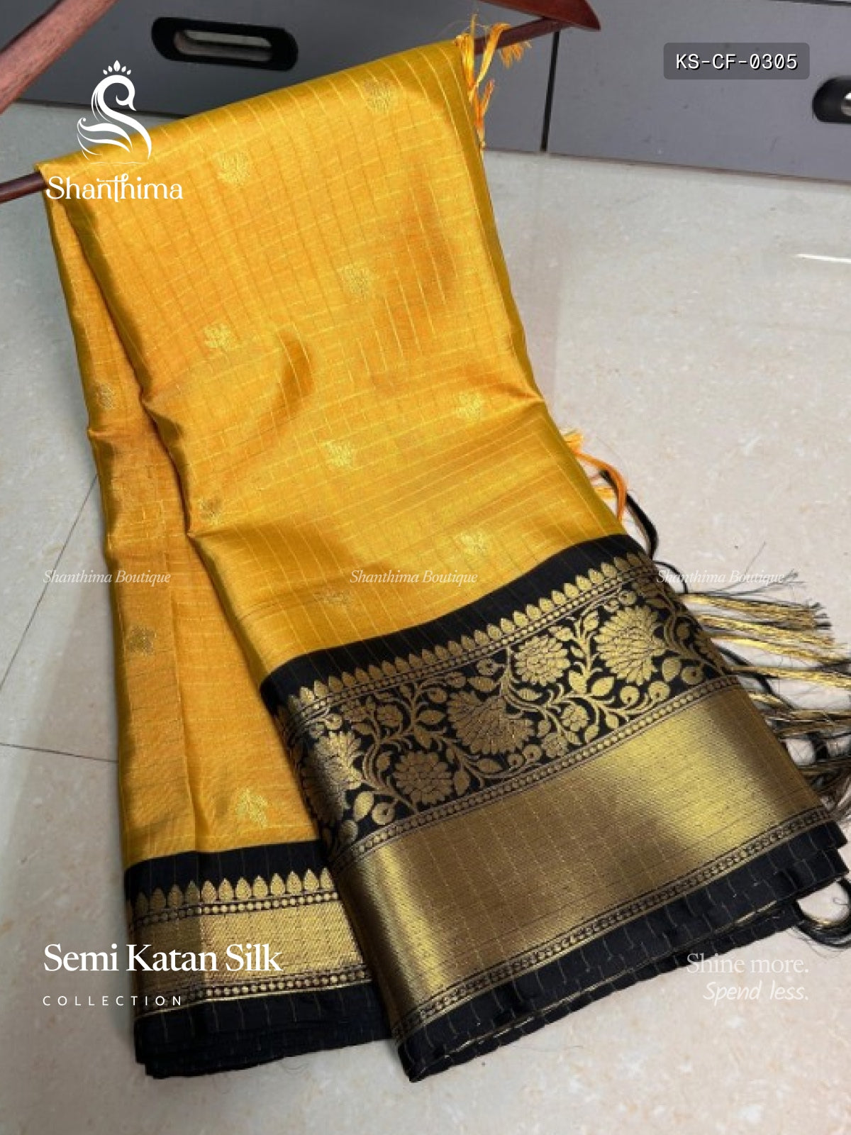 Semi Katan Silk Checks Flower  Yellow Black