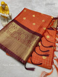 Semi Katan Silk Checks Flower Orange Brown