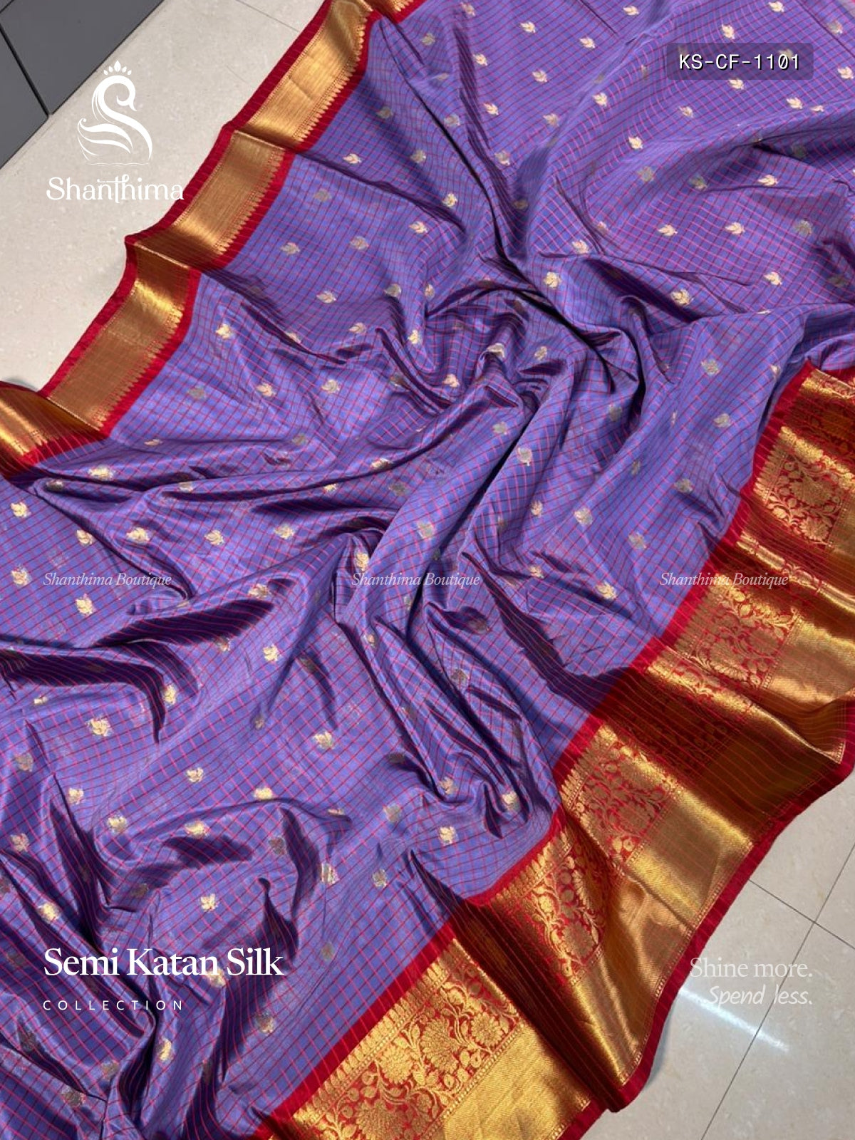 Semi Katan Silk Checks Flower  Blue Red