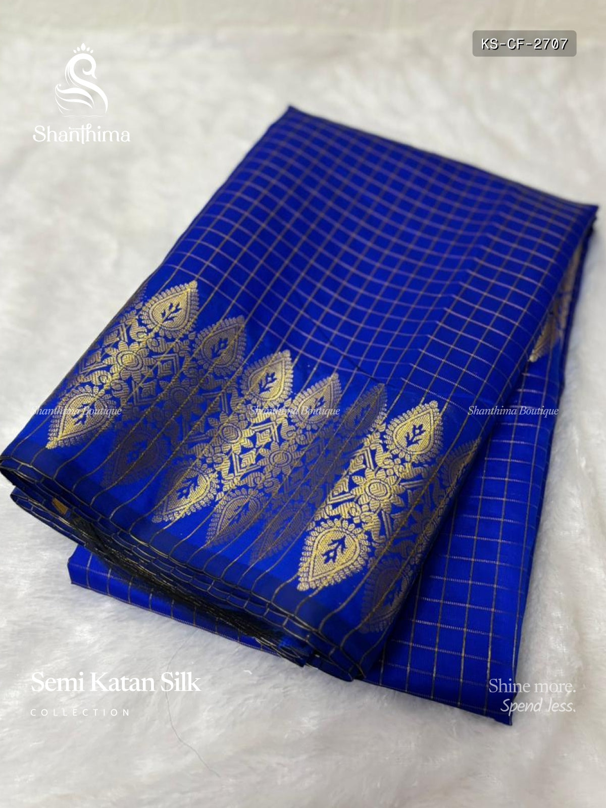 Semi Katan Silk Checks Flower  Ink Blue Gold