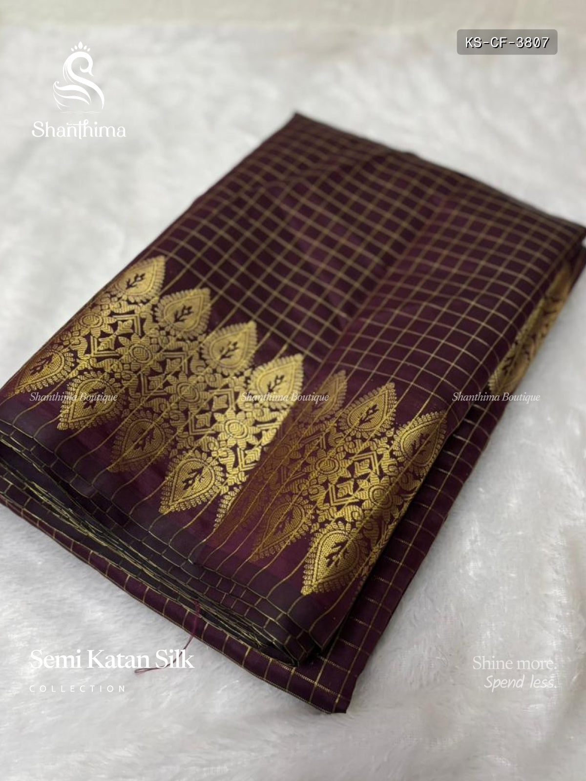 Semi Katan Silk Checks Flower  Coffee Brown Gold