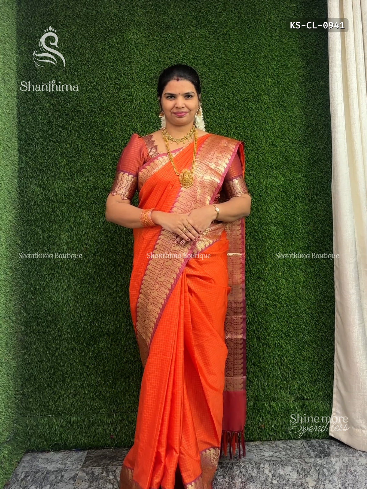 Semi Katan Silk Checks Mango Flower Orange Maroon