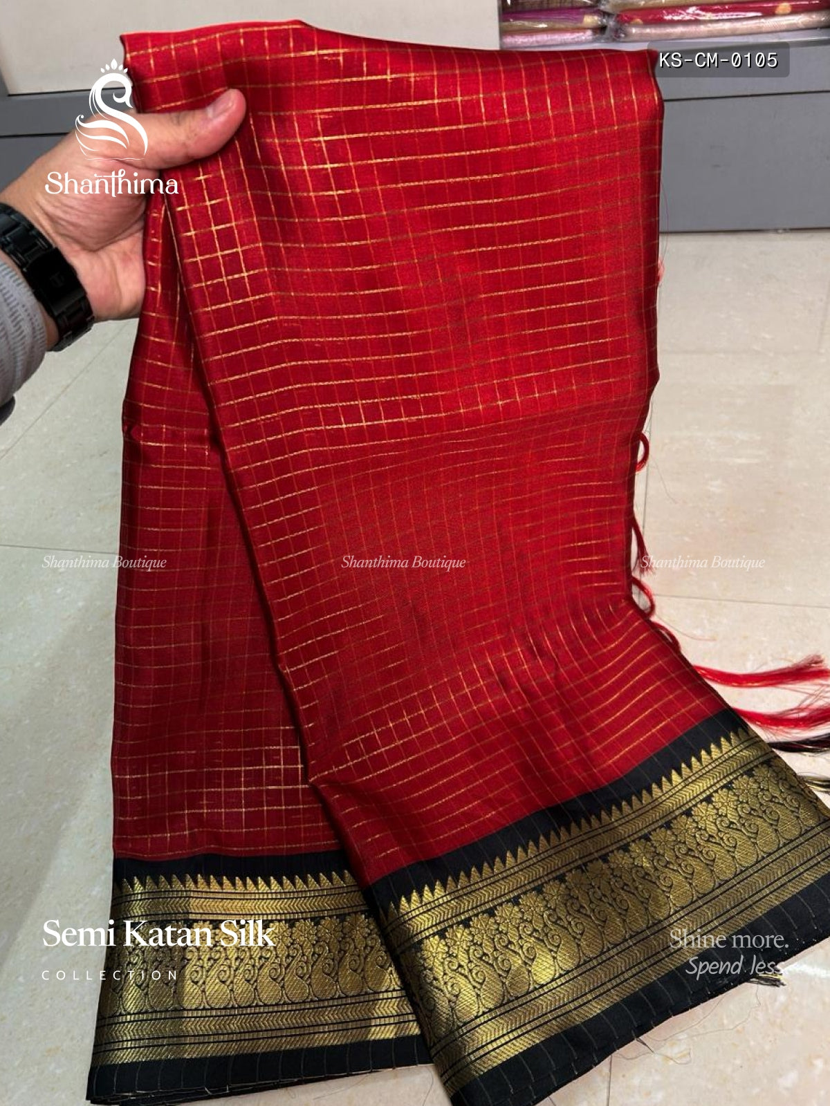 Semi Katan Silk Checks Mango Red Black
