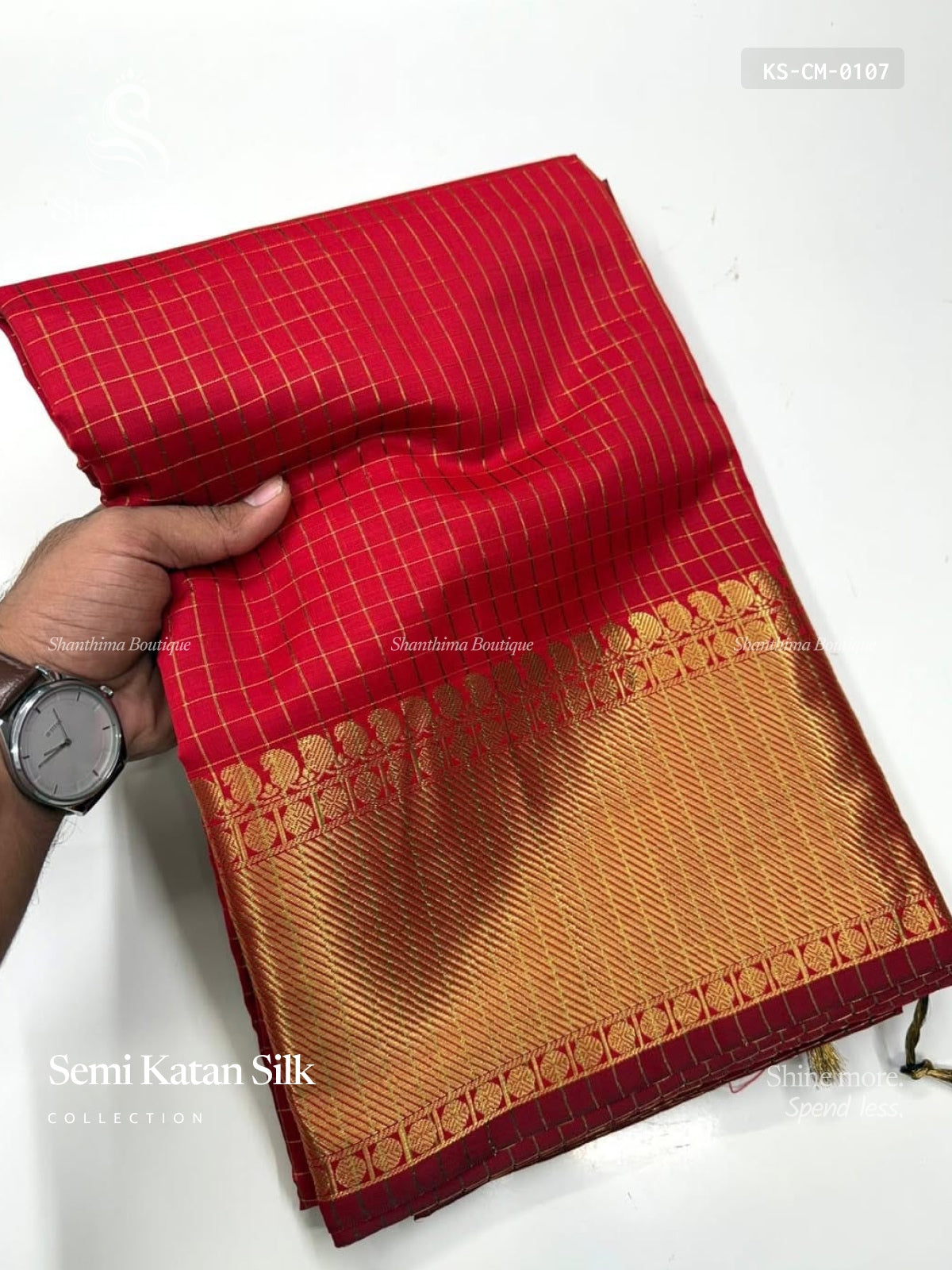 Semi Katan Silk Checks Mango Red Gold