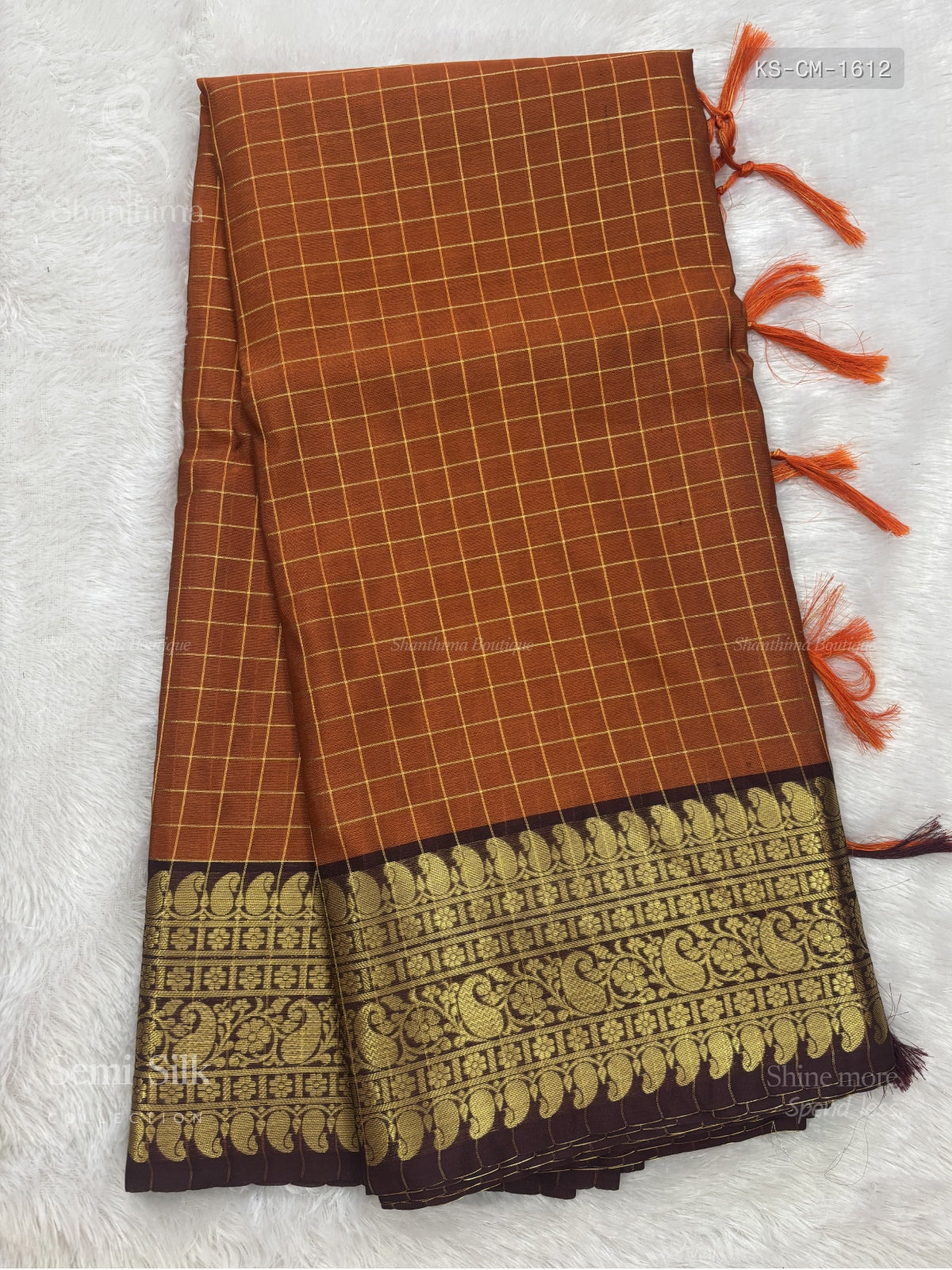 Semi Katan Silk Checks Mango Mustard Brown