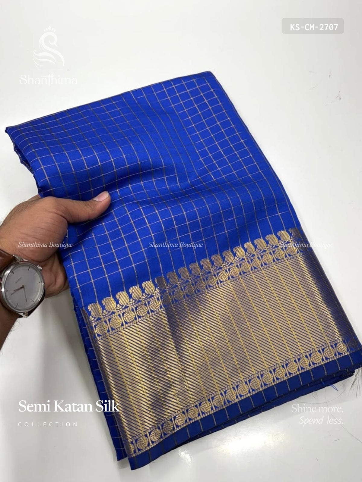Semi Katan Silk Checks Mango Ink Blue Gold